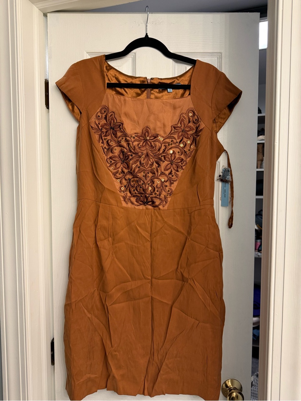 ANTONIO MELANI Copper Embroidered Cap-Sleeve Dress